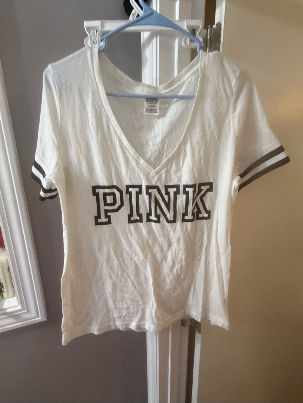 PINK Victoria's Secret White V-Neck Tee with Black Logo & Sleeve Stripes